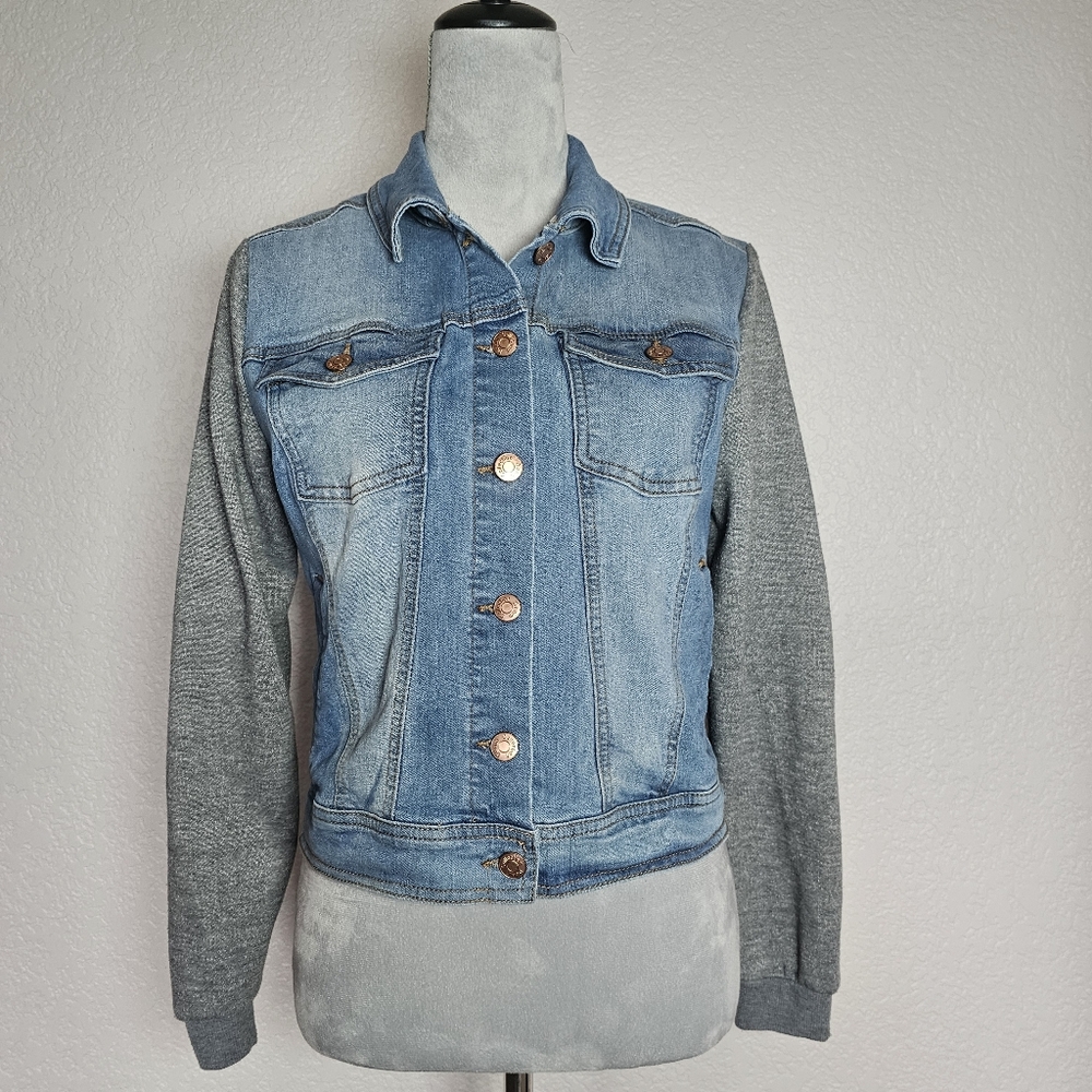 Denim Jacket Mixed Media Hoodie Jacket Distressed Blue Jean Womens Small - Picture 2 of 9